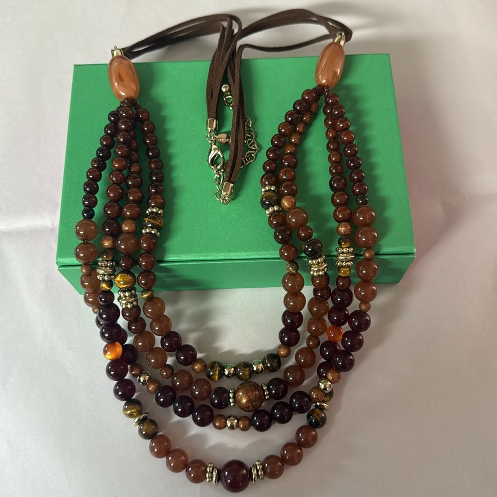 Chico's Earth Tone Multi-Strand Long Beaded Necklace with Gold Accents